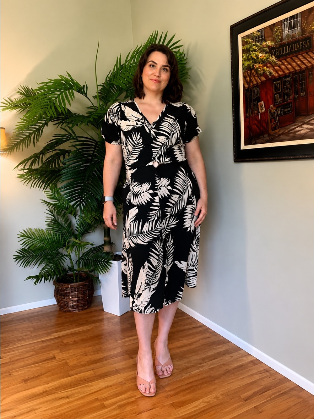 Black Tropical Leaf Midi Dress